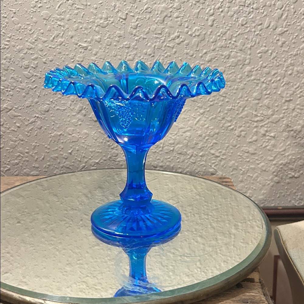 Blue Glass Ruffled Edge Compote, Cottage Core, Mothers Day Gift